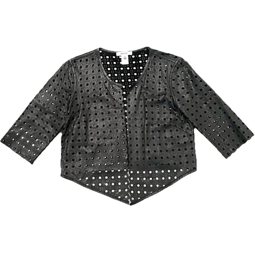 Milly Black Perforated Lamb Leather 3/4 Sleeves Jacket Size M